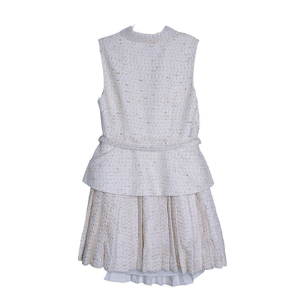 SELF-PORTRAIT Cream Metallic Bouclé Mini Dress Sleeveless Belted Women's 10