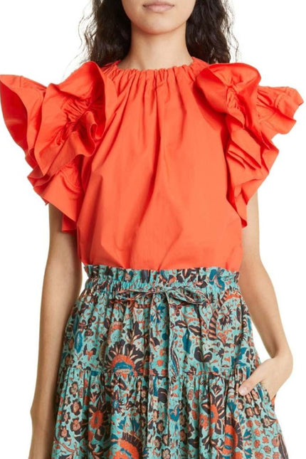 ULLA JOHNSON Elora Popover Blouse Coral Poplin Ruffle Sleeve Women's 2