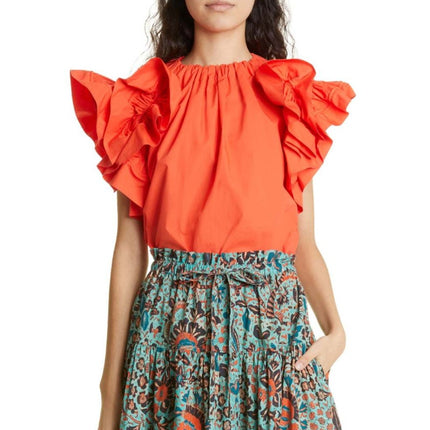 ULLA JOHNSON Elora Popover Blouse Coral Poplin Ruffle Sleeve Women's 2