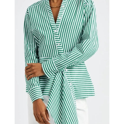 Veronica Beard Claude Button Up Blouse Green White Stripe Asymmetric Women's L