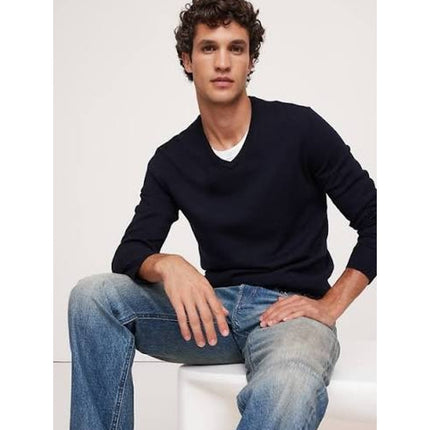 Banana Republic Merino V Neck Sweater Navy Blue Fine Knit Pullover Men's M