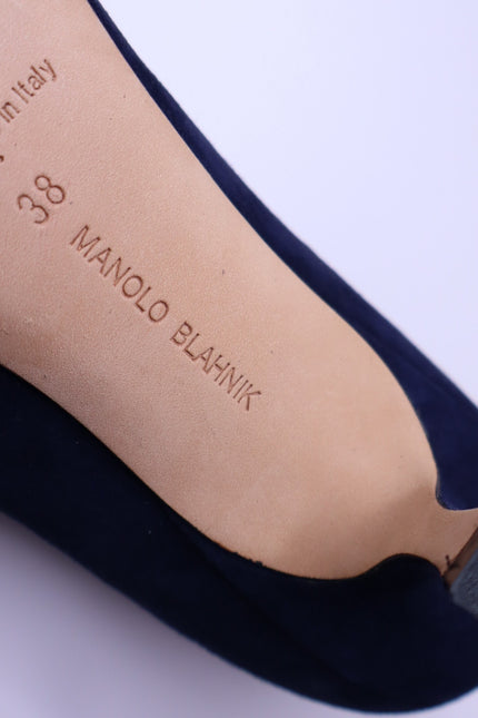 MANOLO BLAHNIK Monda Snake and Suede Pumps Navy Pointed Toe Heel Women's 38