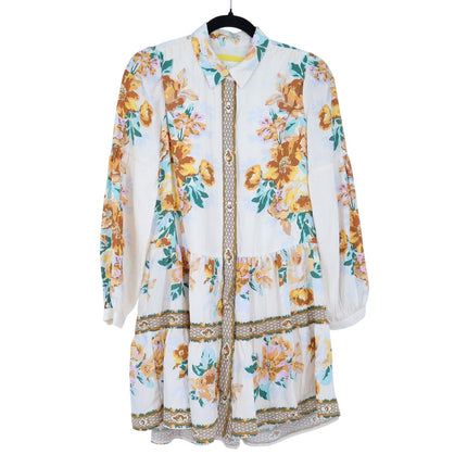 By Anthopologie Mini Shirt Dress Ivory Floral Panel Print Boho Women's XS