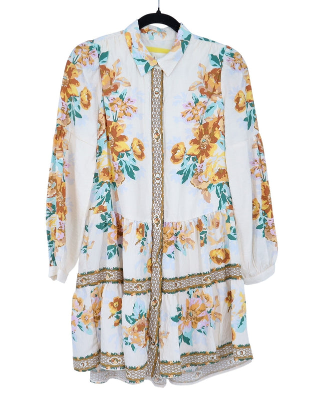 By Anthopologie Mini Shirt Dress Ivory Floral Panel Print Boho Women's XS