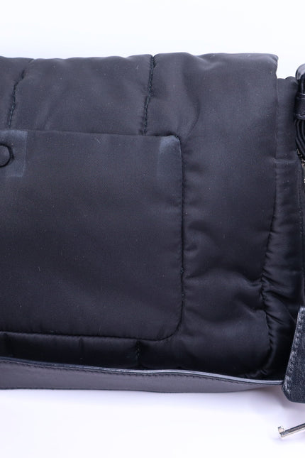 PRADA Tessuto Nylon Bomber Sound Bag Black Leather Adjustable Shoulder Strap