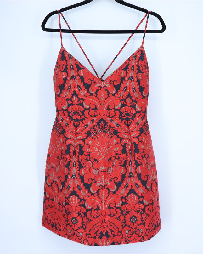 FREE PEOPLE Queen of Hearts Brocade Mini Dress Red and Black Women's 6