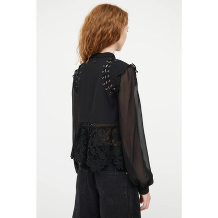 Self-Portrait Floral Guipure Blouse Black Lace Up Long Sleeve Women's 2