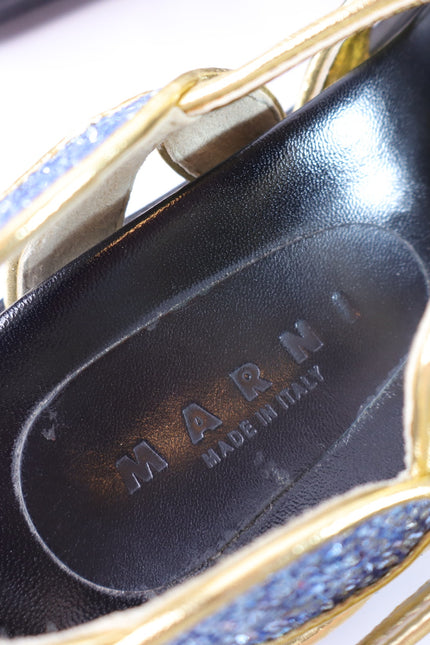 MARNI Flat Glitter Sandals Blue and Gold Butterfly Ankle Strap Women's 38/US 8
