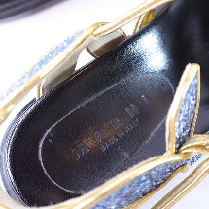 MARNI Flat Glitter Sandals Blue and Gold Butterfly Ankle Strap Women's 38/US 8