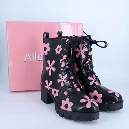 Allegra K Platform Heeled Boots Black Pink Floral Lace Up Women's 41/US 10