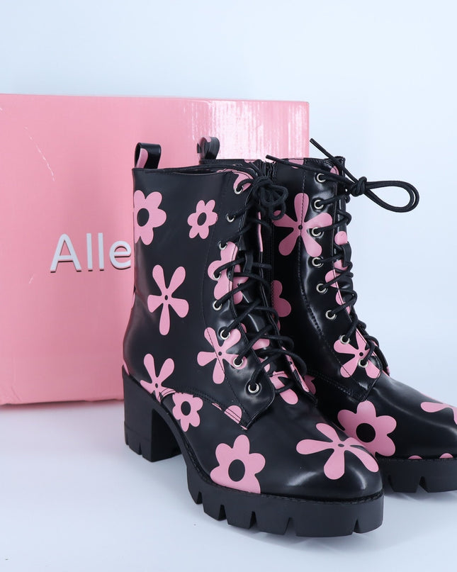 Allegra K Platform Heeled Boots Black Pink Floral Lace Up Women's 41/US 10