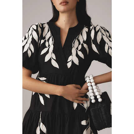 Anthropologie Embroidery Applique Midi Dress Black Puff Sleeve Women's XS