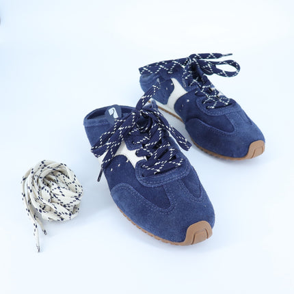 Larroude Stella Mule Navy Suede Ivory Napa Leather Lace Up Sneakers Women's 6.5