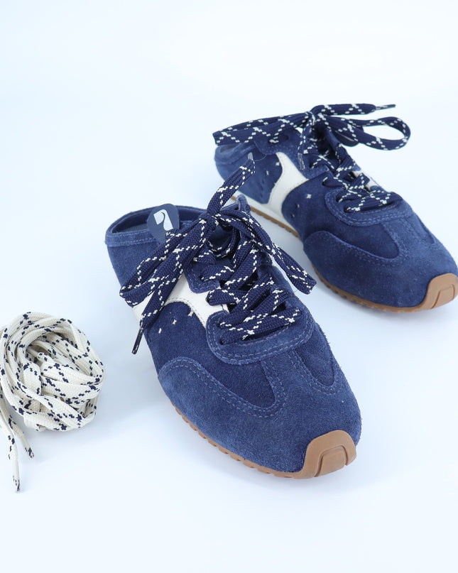 Larroude Stella Mule Navy Suede Ivory Napa Leather Lace Up Sneakers Women's 6.5