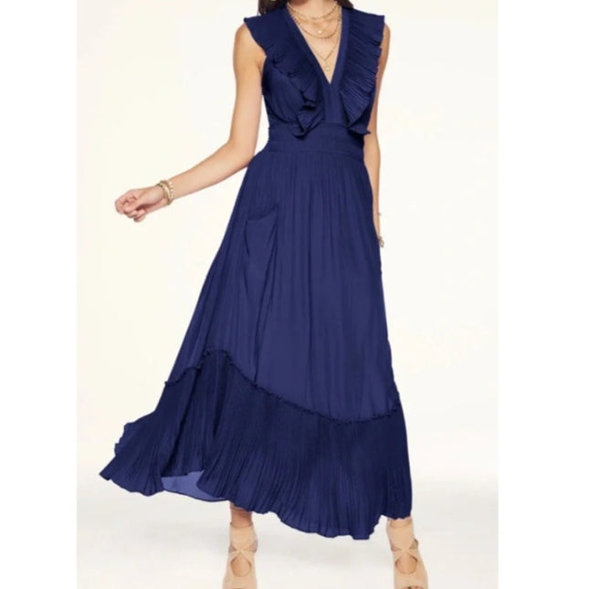 RAMY BROOK Camden Ruffle Maxi Dress Navy Blue Accordion Pleat V Neck Women's M