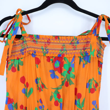 TORY BURCH Printed Smocked Dress Orange Floral Floral Tie Strap Women's S