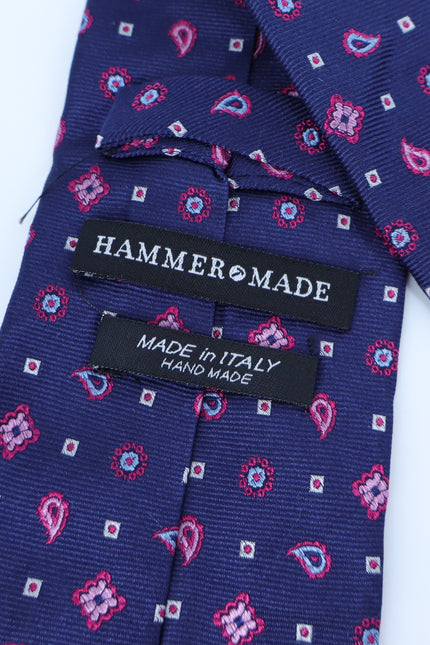 HAMMER MADE Paisley Neck Tie Silk Navy Blue Pink Squares Businesswear Formal OS