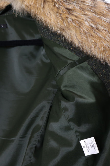 THEORY Tweed Blazer Olive Green Removable Rabbit Fur Collar Jacket Women's 8