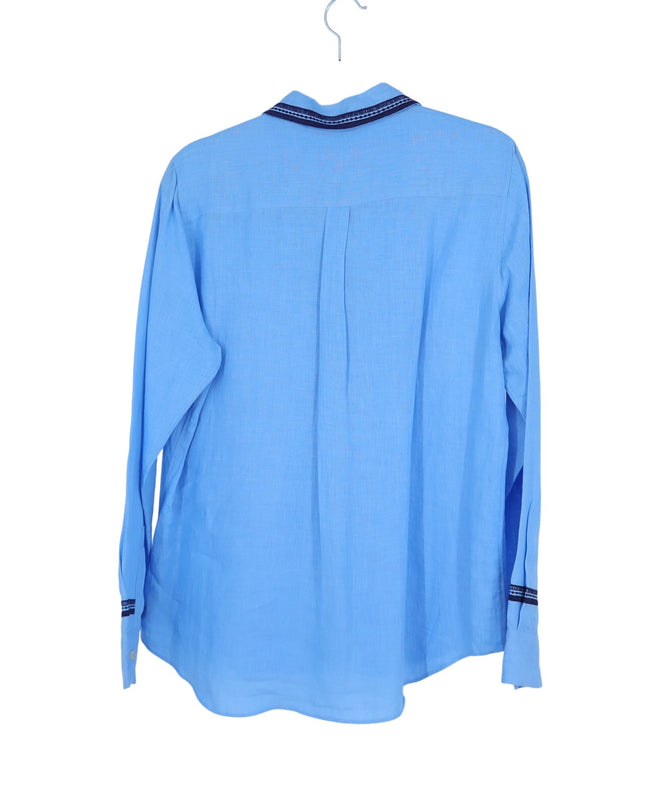 Jupe by Jackie Hand Embroidered Linen Shirt Blue Button Up Long Sleeve Women's L