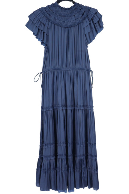 ULLA JOHNSON Midnight Navy Isadora Dress Pleated Satin Midi Ruffled Women's 2