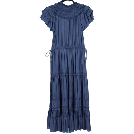 ULLA JOHNSON Midnight Navy Isadora Dress Pleated Satin Midi Ruffled Women's 2