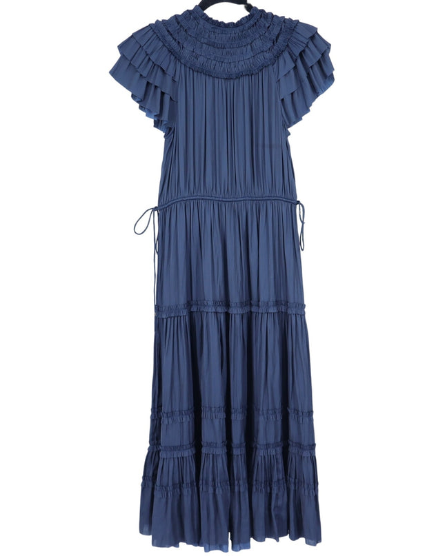 ULLA JOHNSON Midnight Navy Isadora Dress Pleated Satin Midi Ruffled Women's 2