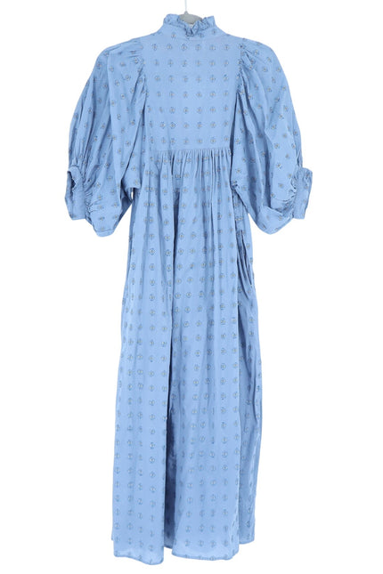 NEVER A WALLFLOWER High Neck Midi Dress Blue Cross Hatch Puff Sleeve Women's XS