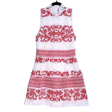 ALEXIS Minika Embroidered Mini Dress Red Mock Neck A-Line Cocktail Women's XS