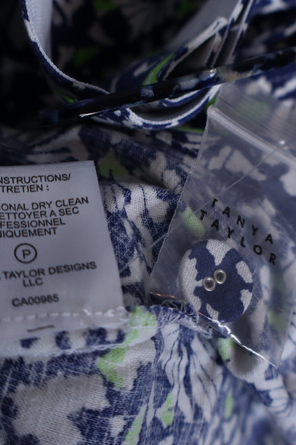 TANYA TAYLOR Coral Floral Linen Mini Dress Blue Belted Puff Sleeve Women's 4