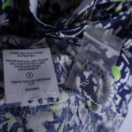 TANYA TAYLOR Coral Floral Linen Mini Dress Blue Belted Puff Sleeve Women's 4