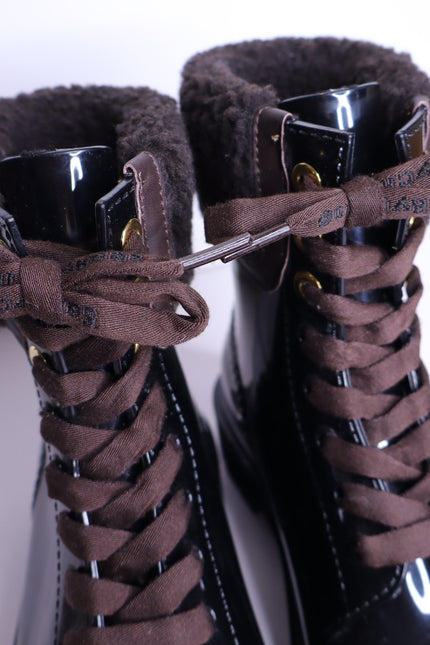 SEE BY CHLOÉ Florrie Shearling Rain Boots Black Brown Combat Women's 39/US 8
