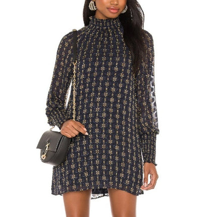 AMANDA UPRICHARD Noemi Dress Navy and Gold Long Sleeve Shift Women's M
