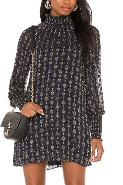 AMANDA UPRICHARD Noemi Dress Navy and Gold Long Sleeve Shift Women's M
