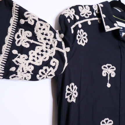 MAEVE Short Sleeve Collared Mini Shirt Dress Black Embroidered Casual Women's XS