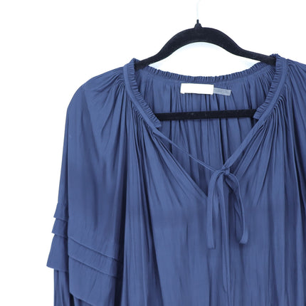 Ramy Brook Randi Puff Sleeve Top Navy Blue Split Tie Neck Satin Women's M