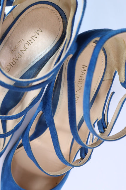 MARION PARKE Mitchell Blue Suede Caged Heel Multi Buckle Women's 36/US 6