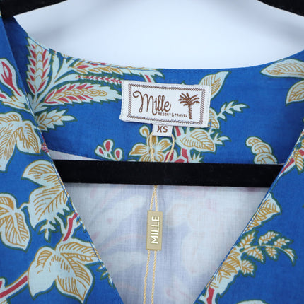 Mille Nan Wrap Dress Blue Floral Cotton Balloon Sleeve Mini Women's XS