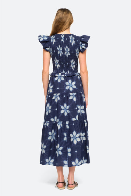 SEA Isla Midi Dress Navy Print Smocked Cotton Peasant Flutter Sleeve Women's 4
