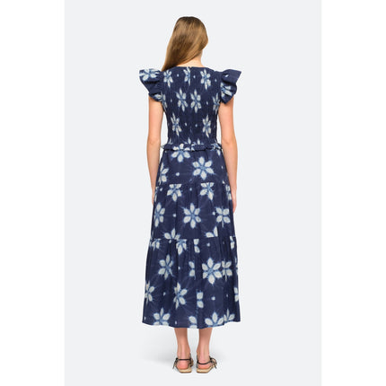 SEA Isla Midi Dress Navy Print Smocked Cotton Peasant Flutter Sleeve Women's 4