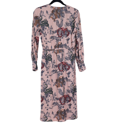 Scotch & Soda Printed Silk Midi Dress Pink Waist Tie Long Sleeve Women's XS