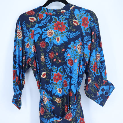 FARM Rio Arabesque Floral Midi Dress Blue Wrap Tie Puff Sleeve Women's S