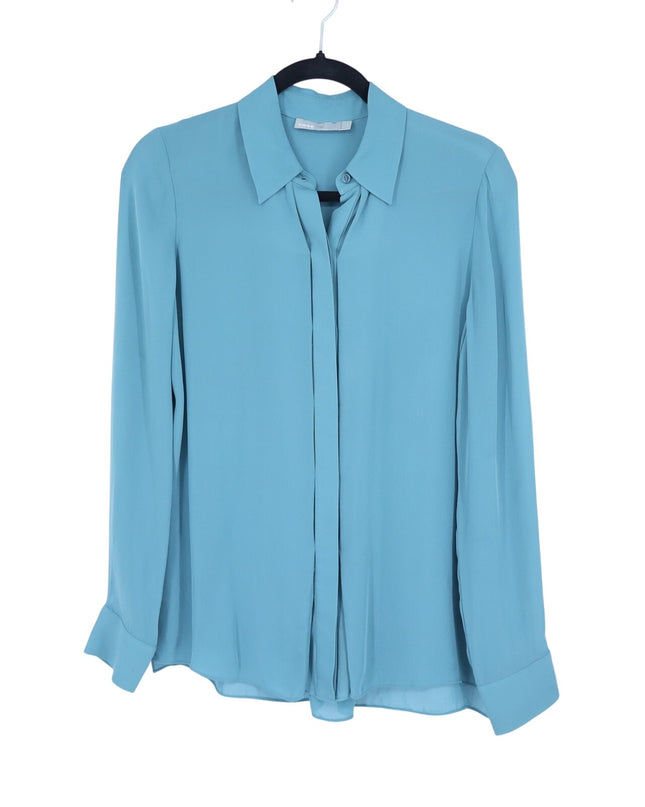 Vince Silk Button Up Blouse Seaglass Teal Lightweight Collared Women's 4
