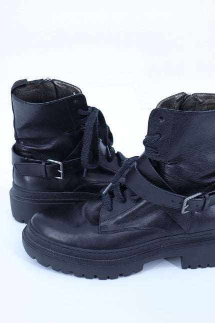 BRUNELLO CUCINELLI Monili Combat Boots Black Leather Lace Up Women's 40/US 10