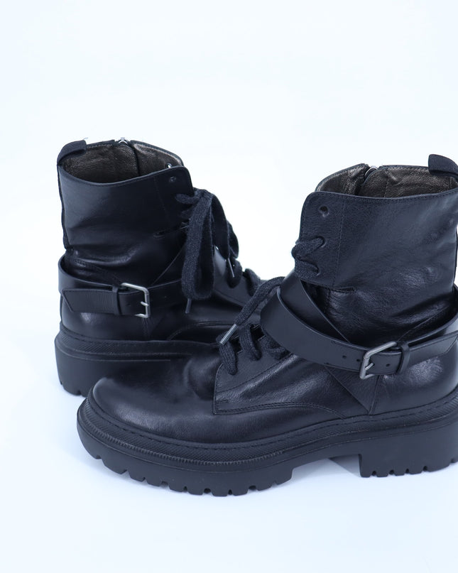 BRUNELLO CUCINELLI Monili Combat Boots Black Leather Lace Up Women's 40/US 10