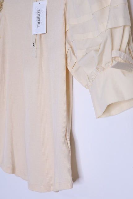 ULLA JOHNSON NWT Iman Poplin Sleeve Top Cream Henley Ribbed Women's P/US 0-00