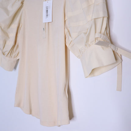 ULLA JOHNSON Iman Poplin Sleeve Top NWT Cream Henley Ribbed Women's P/US 0-00
