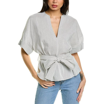 Vince Self Tie V Neck Blouse White Gray Striped Cuffed Sleeve Women's L