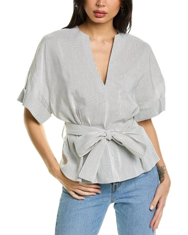 Vince Self Tie V Neck Blouse White Gray Striped Cuffed Sleeve Women's L