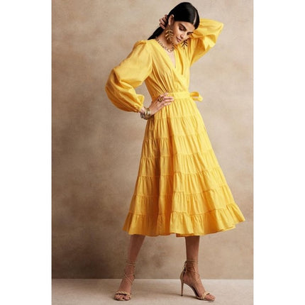 BANANA REPUBLIC Stampa Wrap Dress Yellow Tiered Skirt Long Sleeve Women's XS
