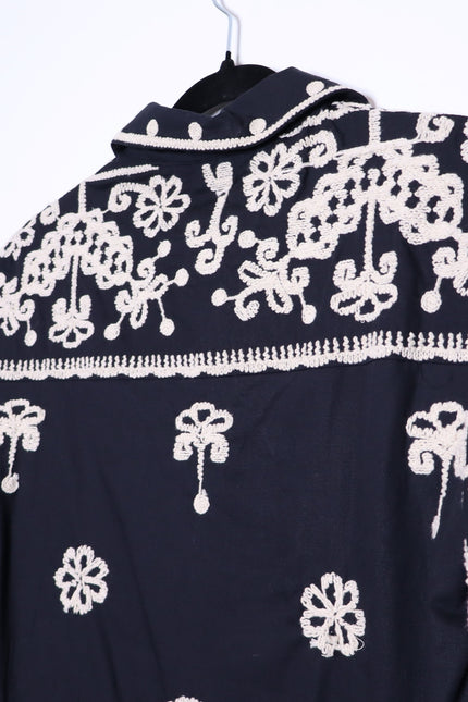 MAEVE Short Sleeve Collared Mini Shirt Dress Black Embroidered Casual Women's XS